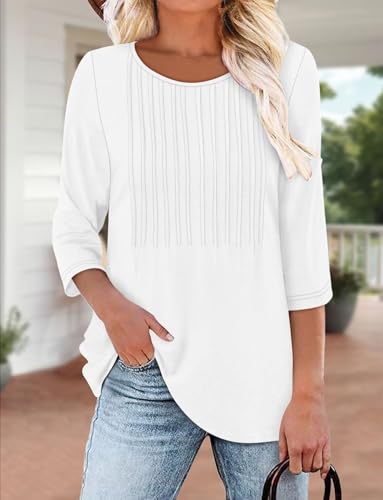 KISSMODA Tunic Tops for Women Loose Fit Dressy Round Neck Pleated 3/4 Length Sleeve Spring Tops