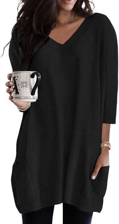Poetsky Womens Tunic Tops for Leggings with Pockets Vneck 3/4 Length Sleeve Shirt Casual Long T-Shirts S-3XL
