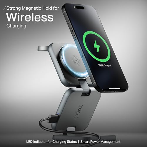 Image of Boat FlexCharge 360 3-in-1 15W Wireless Charger, Foldable, Magnetic Magsafe & Multi-Angle Charging; LED Indicator & Anti-Slip Finish for Apple iPhone 16|15|14, Apple Watch & AirPods (Slate Grey)