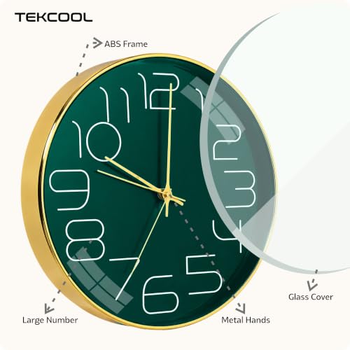Image of TEKCOOL Plastic Digital Wall Clock 12 inch Silent Quartz Decorative Non-Ticking Classic Clock Battery Operated Round Easy to Read for Room /Home /Kitchen /Bedroom /Office /School-(Green Gold)'