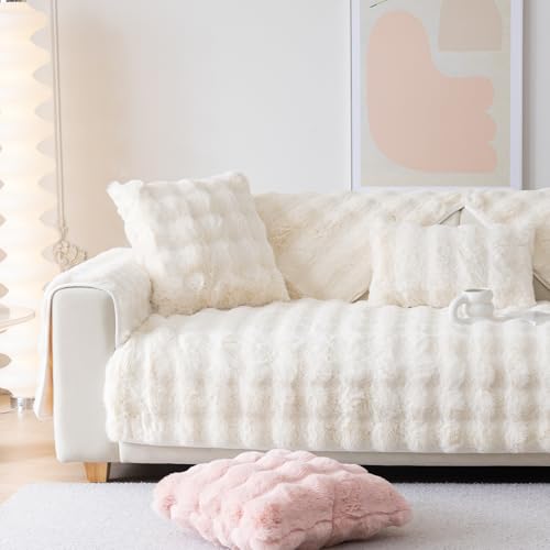 Alishomtll Plüsch Sofabezug Ecksofa 1/2/3/4 Sitzer, Universelle rutschfeste Sofa Überzug, L Form Couch Überzug Sofaschoner, Waschbar Sofaüberwurfe Sofadecke für Wohnzimmer, Beige 90x210cm