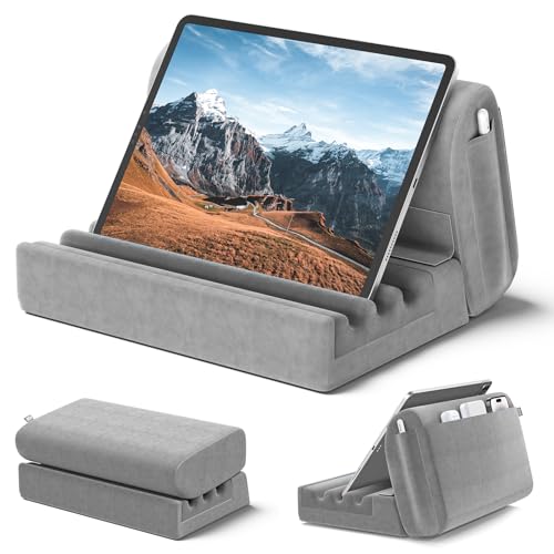 KDD Supporto Cuscino per Tablet da Letto, Cuscino ipad Letto con Tasca e Supporto Stilo per iPad Pro 12.9, 10.5, 11, Air Mini Galaxy Tab, E-Reader, Libri, Porta Tablet da Letto per Divano - Grigio