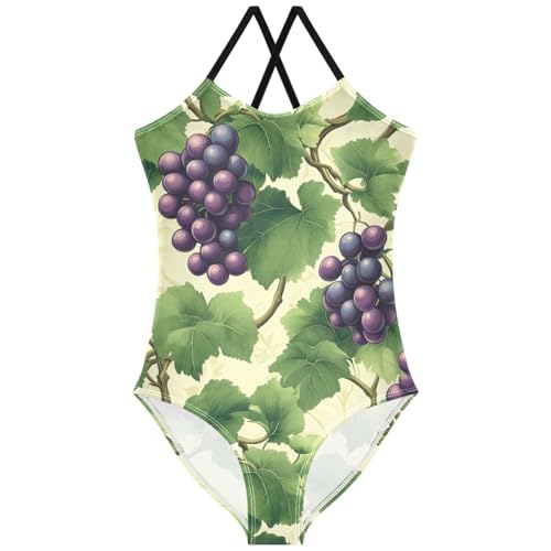 Pigsaly Girls One Piece Swimsuits Tropical Green Leaves Fruits Summer Purple Grapes Kids Cross Back Swimwear Bathing Suit 3T