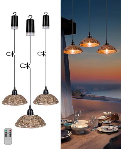 AVAMERY Battery Operated Chandelier with Remote, Boho Outdoor Pendant Lights with Natual Grass...
