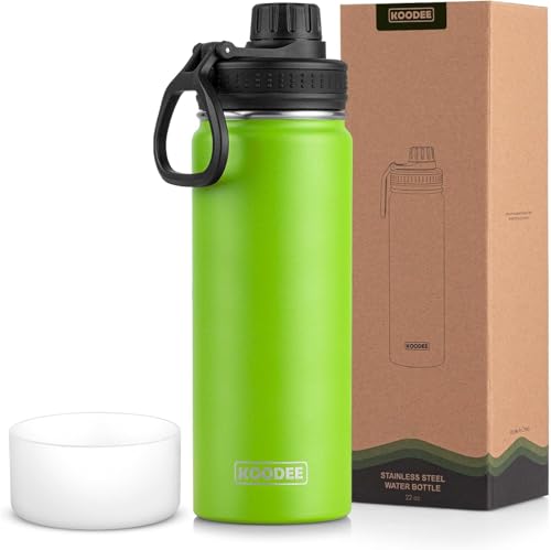 Image of koodee 22 oz Water Bottle Stainless Steel Double Wall Vacuum Insulated Sports Water Bottle with 3 Lids, Reusable Metal Water Flask with Straw for women and Girls, BPA Free(Apple Green)