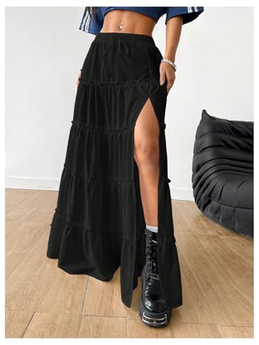 Women's Boho Skirt Flowy Flared Ruffle Long Maxi Skirts Tie Front Elastic Waist Split Thigh A Line Skirts3