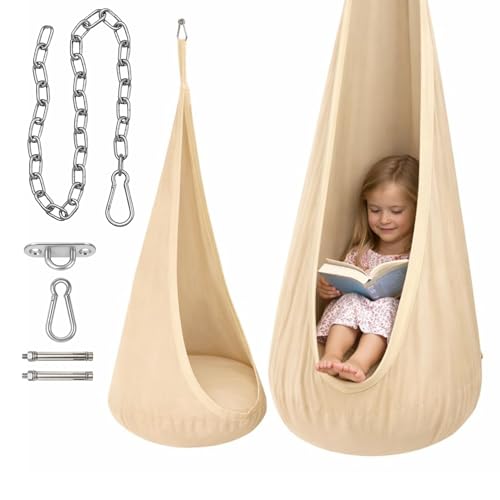 Clever Leon Hängesessel Kinder Set - Hängeschaukel aus Baumwolle mit Einer Kette - Schwingkette zur Höhenverstellung - Kinderschaukel für Entspannung - Belastbar bis 60 kg - Beige