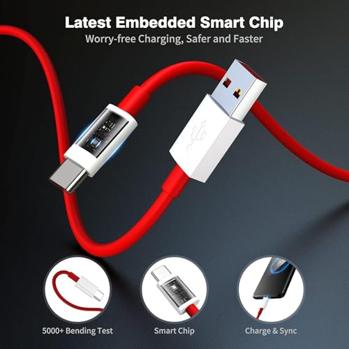 Image of Addtam 100W Supervooc USB Type C Data Sync Fast Charging Charger Cable Compatible One Plus 15,15R,13,13R,13S,12,12r,11,11r,10r,10t,10 pro,9 Pro,8,Nord 5,4,3,2t,Ce5,Ce2 Lite,Ce3 lite, Nord Ce3,Ce4, Red