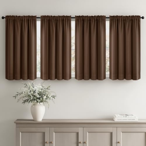 Image of MIULEE Short 45 Inch Blackout Kitchen Window Curtain Brown Set of 4 Panels