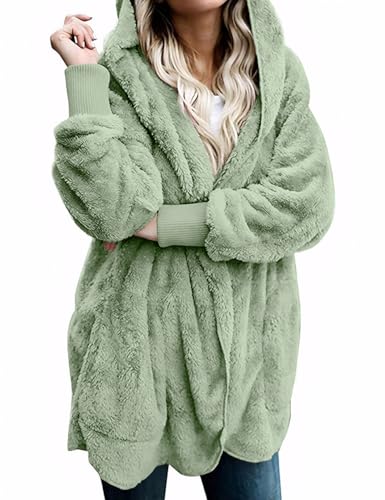 Zilcremo Women Hooded Cardigan Fuzzy Jacket Winter Open Front Fleece Coat Outwear with Pockets