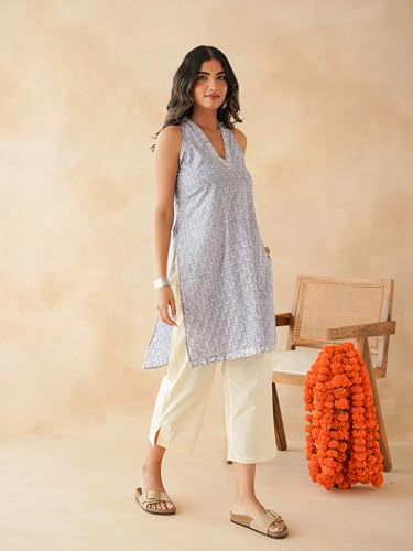 Image of GOODHAND Chic Cotton Halter Kurti with Timeless Block printsPerfect for Casual outings or Festive Flair-Where Traditional Charm Meets Modern Silhouette