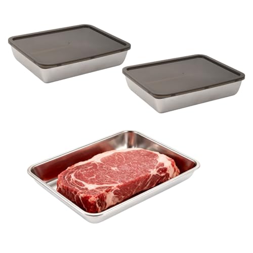 Aohyue Set di 3 Contenitori Ermetici per Alimenti in Acciaio Inox, 25x20x5.5cm Meal Prep Contenitori, per Congelatore e Conservazione di Frutta, Insalate e Alimenti Vari
