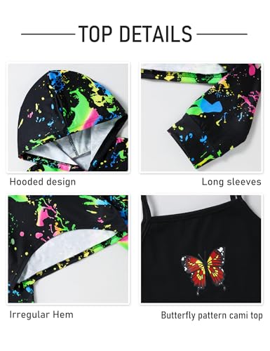 Image of Gaupafmb Girls Clothes 3PC Tie-dye with Butterfly Print Hoodie Sweatshirt Butterfly Print Cami Tops Sweatpants Girls
