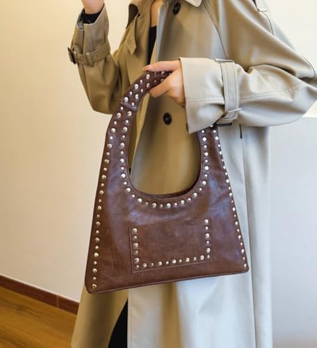 Image of Molodo PU Leather Hobo Bag for Women Vintage Studded Tote Bag Handbag Trendy Shoulder Bag Punk Streetwear Handbag Purse