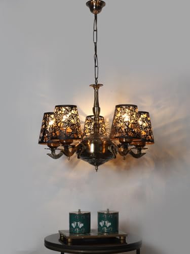 Image of Devansh 05 Lights Metal Etched Shade with Antique Golden Chandelier -ZB