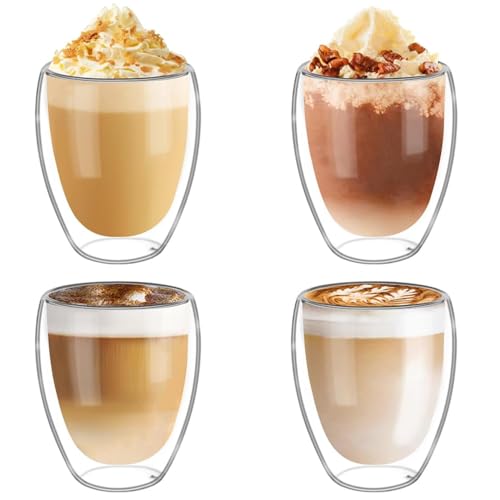 katmerio 4er Set Doppelwandige Kaffeegläser, 350ml Latte Macchiato Gläser, Cappuccino Tassen für Kaffee, Eis, Tee,Milch, Saft