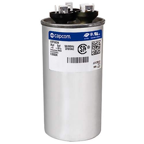 Genteq C3355R Capacitor Dual Run Round 35/5 Uf Mfd 370V Vac 97F9834 (Replace Old Ge# Z97F9834) 35 And 5 Mfd At 370V thumb #1