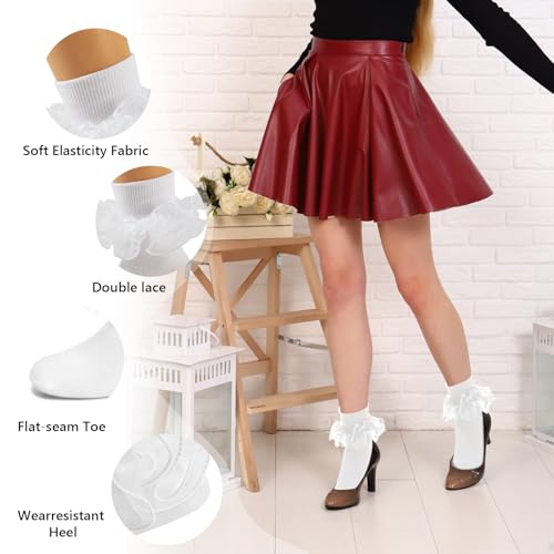 Image of Women Big Ruffle Ankle Socks Adult Double Lace Frilly Turn Cuff Dress Socks Cotton Cute Fancy Bobby Crew Socks