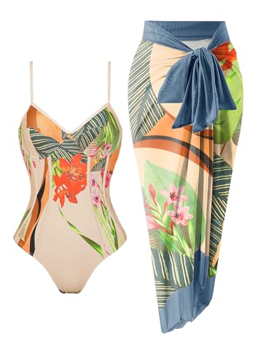 Women's One Piece Swimsuit with Beach Cover Up Retro Floral Print Bathing Suits with Coverup Set Sarong Wrap Swim Suit 1 Piece Swimwear Set with Matching Skirt Beige Floral Large