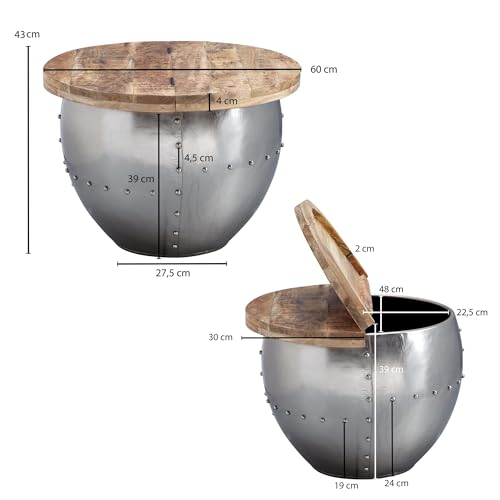 FineBuy Couchtisch Mango Massivholz/Metall 60x43x60 cm Industrial Style Rund, Design Wohnzimmertisch mit Stauraum, Moderner Loungetisch Sofatisch Silber – Bild 4