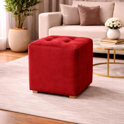Image of Velvet Cube Ottoman Stool | Upholstered Pouffe with Tufted Design | Soft Footrest Sofa Side Stool for Living Room, Bedroom & Lounge - Red