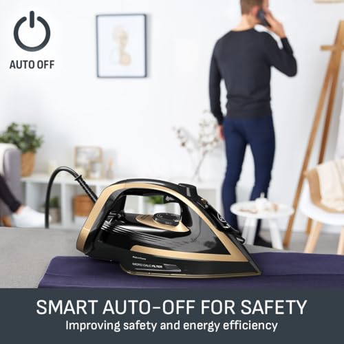 Image of Tefal FV8064 Puregliss 3000 Watt Steam Iron with Steam Boost of 280 g /min, Variable Steam of 0-50 g /min, Vertical Steaming, Durilium AirGlide Autoclean Soleplate and Micro-Calc Filter, Black /Gold