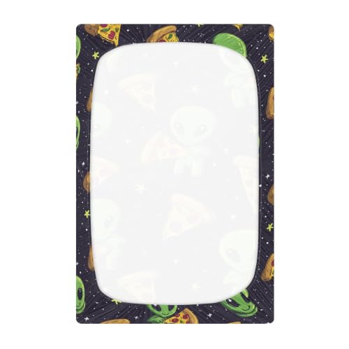 Image of Cute Green Alien Pizza Crib Sheets Soft Breathable Fitted Baby Crib Sheets Mattress Cover for Girls Boys, 52 inch x 28 inch x 9 inch