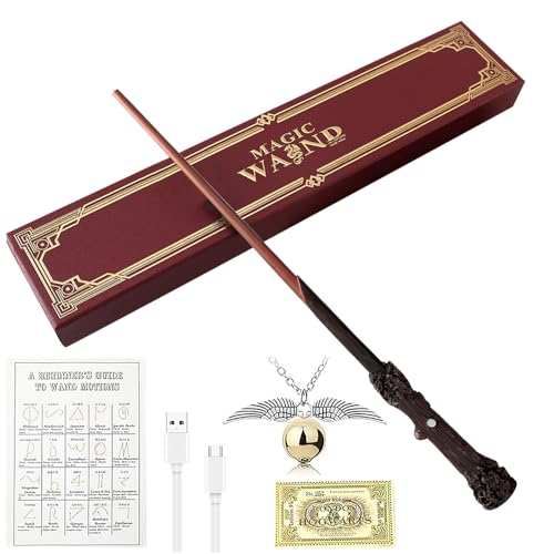 YANGUN Harry Zauberstab mit Licht 35CM Elderstab HPotter Glühen Zauberstab aus Harz Magic Wand in Geschenkbox mit Zauberspruch-Karte Halskette und Stationsticket für Spielzeug Cosplay