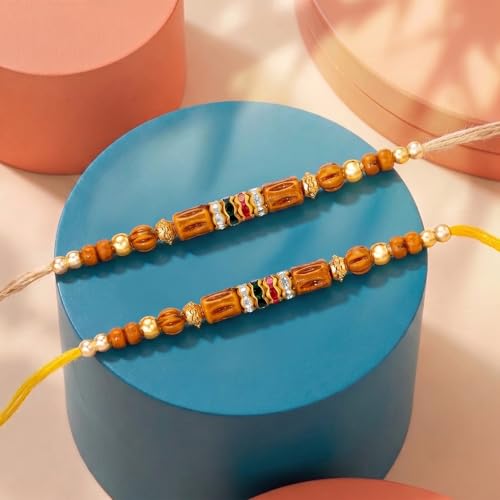 Image of Peora Rakhshabandhan Thread Rakhi for Brother Bhaiya | Kundan Beads & Crystal Studded | Combo Set of 2 | Rakhi Hamper Roli Chawal & Greeting Card
