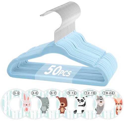 Image of VIS'V Baby Hangers, 11 Inch Velvet Kids Hangers with 6 Pcs Clothes Size Dividers, Infant Toddler Nursery Closet Organization, Non Slip, Blue, 50 Pcs