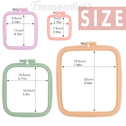 Image of Framendino, 4 Pack Size Square Embroidery Hoops Plastic Cross Stitch Reusable Frames Rings for DIY Sewing Needlework Project