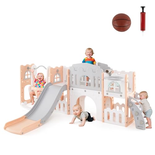 AREA GIOCHI MULTIFUNZIONALE: L'insieme di scivolo per bambini da esterno include una varietà di attività come altalene, tunnel di scivolata, telescopio e persino un cestino da basket. I tuoi bambini saranno intrattenuti per ore con quest'area giochi piena di opzioni divertenti