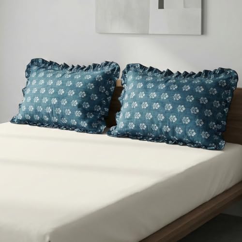 Image of Home Sizzler Floral Frill Border Microfibre King Size Pillow Covers (18 X 27 Inches) - Teal Green, Set of 2