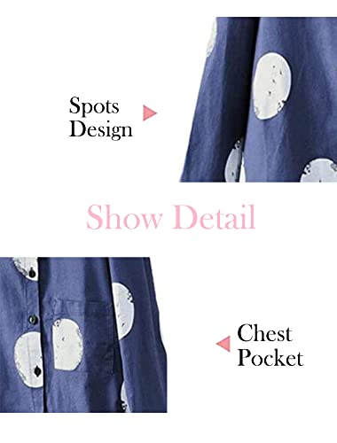 Minibee Women's Button Down Tunic Tops Polka Blouse Cotton Shirt (L, Style1 Blue) #TOP3