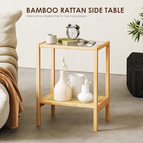 Bamworld Side Table Nature Rattan Night Stand Glass End Table 2-Tier with Storage Boho Bedside Table for Small Spaces Bamboo Coffee Table for Bedroom Living Room - Image 7