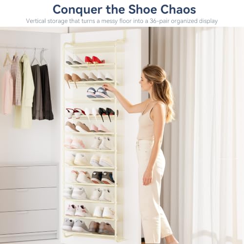 Image of Whitmor 36 Pair Over the Door Shoe Rack,12 Tier Hanging Shoe Organizer with Metal Frame & Mesh Shelves, Heavy Duty Shoe Storage Holder for Door, No Drill Installation, 74 inch H x 21.7 inch W x 7.5 inch D, Beige