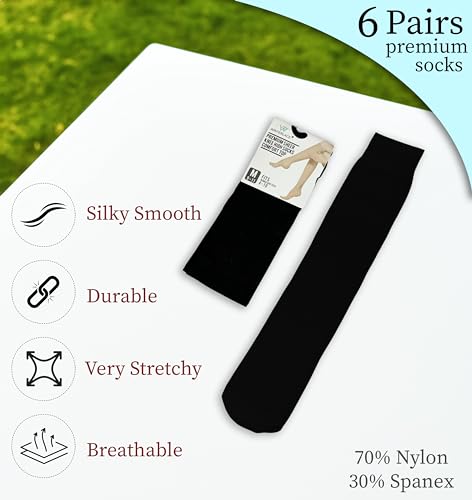 Sheer Knee High Socks, 6 Pairs 20D Premium Silky Soft Nylon Stockings Control Top Reinforced Toe2