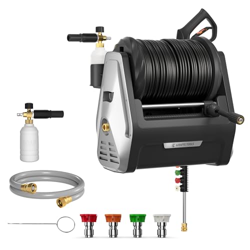 Image of Giraffe Tools Wall Mounted Pressure Washer G30 with Upgraded 1800W Motor, Max 2900 PSI, 2.2 GPM Electric Power Washer with 100ft Retractable Black Pressure Hose, Automatic Rewind, Light Silver