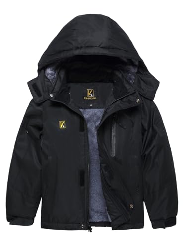 Keevoom Boy's Waterproof Ski Jacket Winter Warm Thick Snow Coat Windproof Fleece Kids Outdoor Hooded Snowboard Jackets Black Size10-12