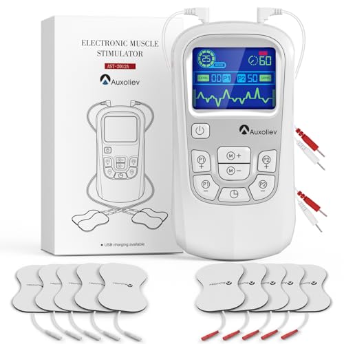 Auxoliev TENS Gerät Schmerztherapie2 Kanäle EMS Gerät25 Modi und 50 IntensitätsstufenReizstromgeräte Gegen Schmerzen mit 10 Elektroden Pads (Silber)