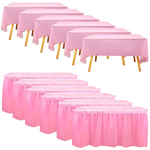 Fani CZ016L 12 Pack - 6 Pink Plastic Table Skirts And 6 Plastic Tablecloth cover