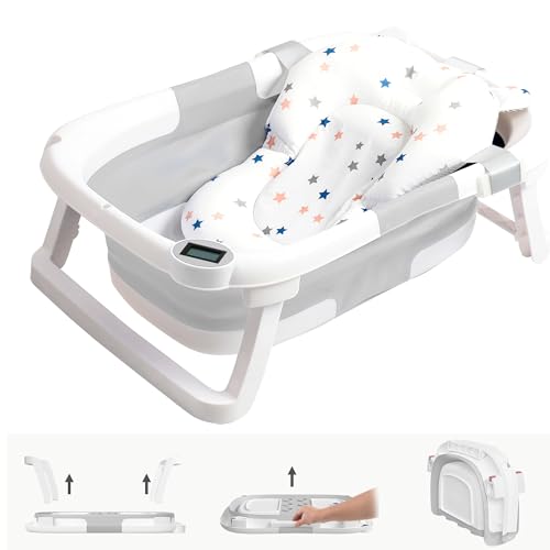 Image of napei Collapsible Baby Bathtub,Baby Bath Tub with Soft Cushion & Thermometer,Baby Bathtub Newborn to Toddler 0-36 Months,Portable Travel Baby Tub (White)