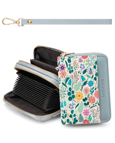 Image of Wildflower Credit Card Holder for Women,Accordion Wallet | RFID Blocking Card Wallet, Vegan Leather with Wristlet, dual independent zipper compartments,17 Card Slots