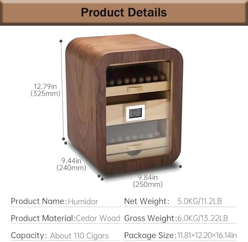 New Electric Cigar Humidor Cabinet with Digital Hygrometer, Spanish Cedar Drawers, Accessories Drawer & Dividers, Holds 110 Cigars, Perfect Cigar Gift for Men (Brown with Sunroof)