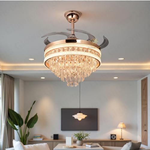 Image of Glowave 52 Inch Black Gold Crystal Chandelier Fan 3 Colors Light Speed Setting 6 Fan Blades Remote Control Ceiling Fan for Kitchen, Cafes, Hotels, Dining, Bar (FI 7641)