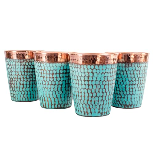 Taxcal Handcrafted Copper Cups Set - 4 Unique 15 oz Tumblers for Wine & Water | Copper Water Bottle | 100% Authentic Santa Clara, Mexico Craftsmanship | Eco-friendly Gift for Health Enthusiasts