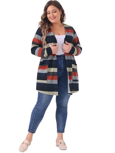 Image of Agnes Orinda Plus Size Cardigan for Women Open Front Long Sleeve Contrast Color Stripe with Pocket Cardigans