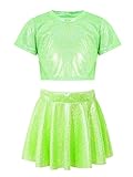 TiaoBug Kids Girls Metallic Crop Top T-Shirt with Shiny Skort Skirt Hip Hop Ballet Jazz Dance Dancewear Playwear Fluorescent Green 7-8 Years