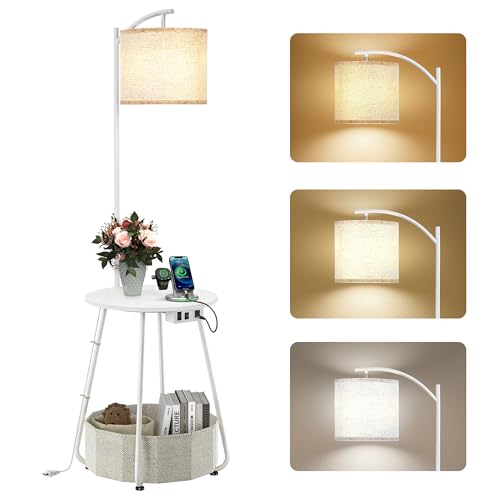 Image of LUTEC Floor Lamp with Table, End Table with Charging Station(USB & Type-C & AC Port), Round SideTable with Fabric Basket, 3 Color Temperatures 9W LED Bulb, Modern Nightstand for Bedroom, Living Room