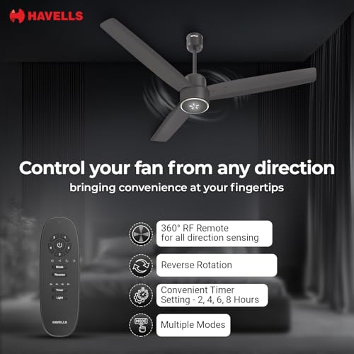 Image of Havells EPIC SIGNIA BLDC Ceiling Fan 1200mm, 5 star, LED Speed Indicator, 380 RPM, Up to 65% Savings,Reverse Rotation,4 Speed Modes,Low Wattage 30W,Low Noise,Air Flow:225 CMM, Smoke Brown